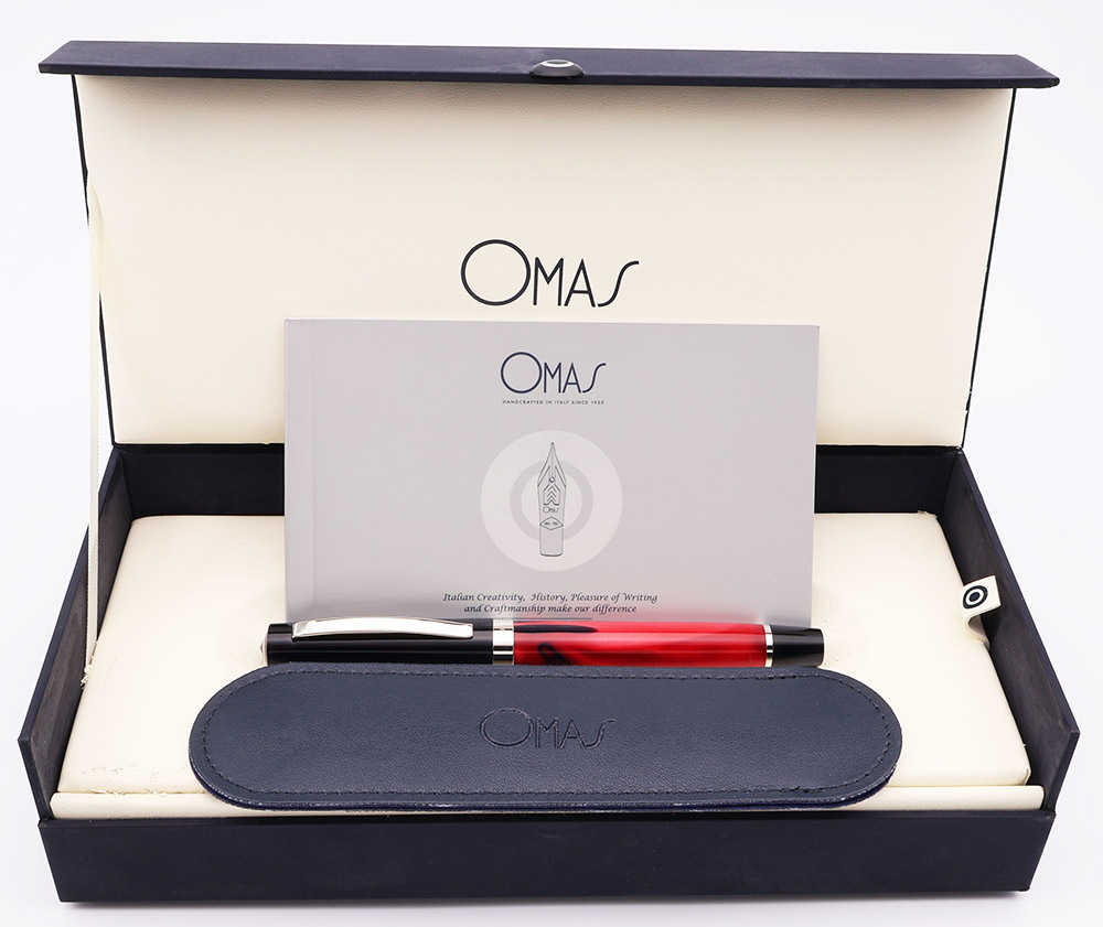 Omas Bologna Fountain Pen - Red Marbled, Silver Colored Trim